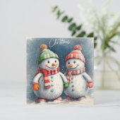 メリークリスマスかわいい水彩色の雪だるま シーズンカード (スタンド正面)