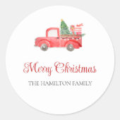 メリークリスマスかわいい水彩赤トラック ラウンドシール (正面)