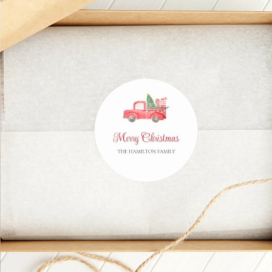 メリークリスマスかわいい水彩赤トラック ラウンドシール