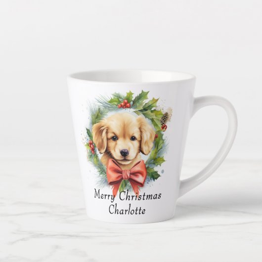 メリークリスマスかわいい水色の子犬の名前 カフェラテマグ (右)