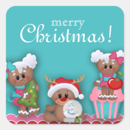 メリークリスマスかわいい漫画カップケーキステッカー スクエアシール