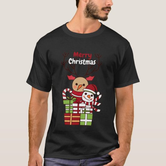 メリークリスマスかわいい漫画トナカイ雪だるまギフト Tシャツ (正面)