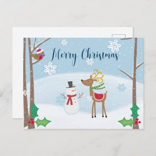 メリークリスマスかわいい漫画雪だるまトナカイ ポストカード (正面/裏面)