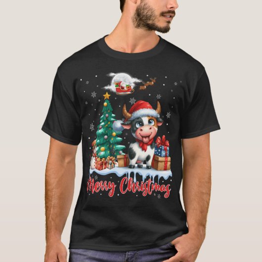 メリークリスマスかわいい牛サンタハット牛の愛好家Chri Tシャツ (正面)