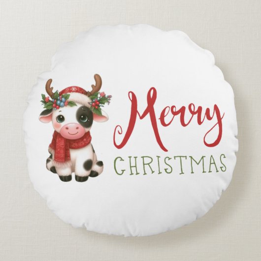 メリークリスマスかわいい牛 ラウンドクッション (正面)