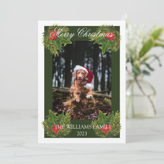 メリークリスマスかわいい犬ペットの写真の水色 シーズンカード (スタンド正面)