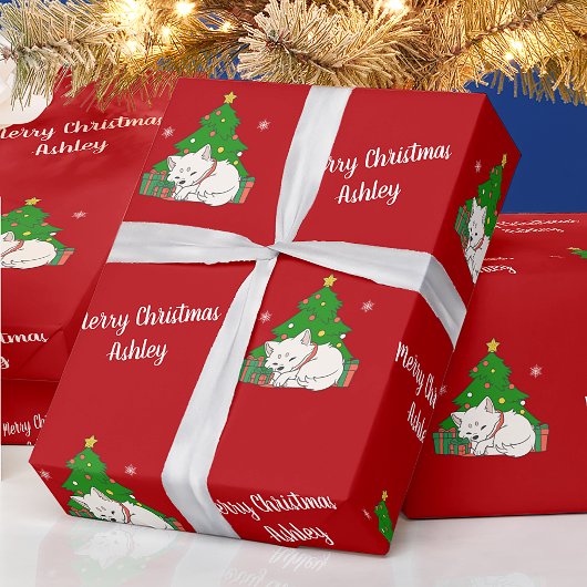 メリークリスマスかわいい猫ツリーレッドヴィンテージ ラッピングペーパー