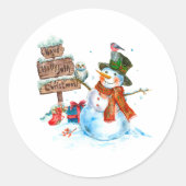 メリークリスマスかわいい雪だるまと鳥 ラウンドシール (正面)