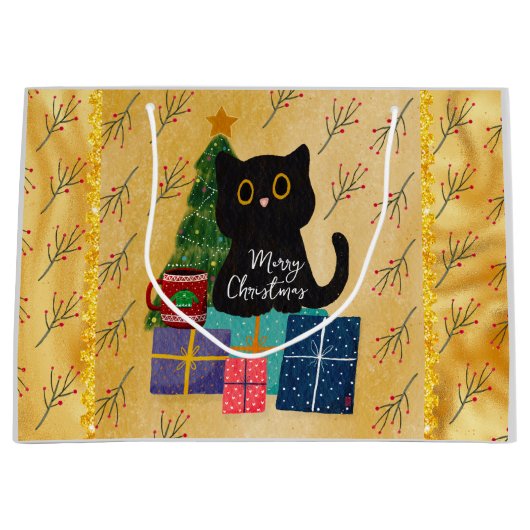 メリークリスマスかわいい黒猫コーヒーオレンジ金ゴールド ラージペーパーバッグ (正面)