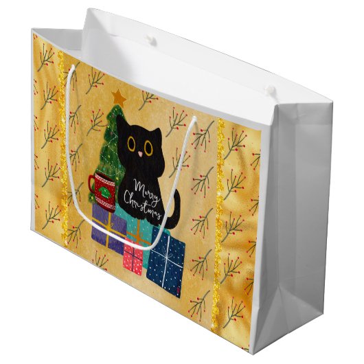 メリークリスマスかわいい黒猫コーヒーオレンジ金ゴールド ラージペーパーバッグ (正面アングル)