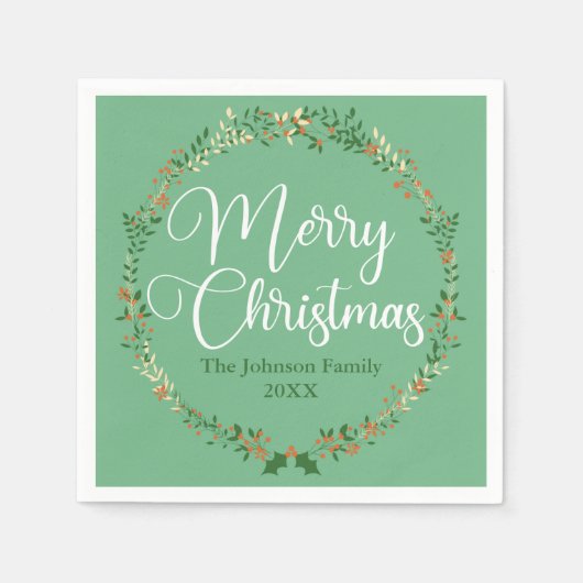 メリークリスマスかわいらしグリーンリースカスタムパーティー スタンダードカクテルナプキン (正面)