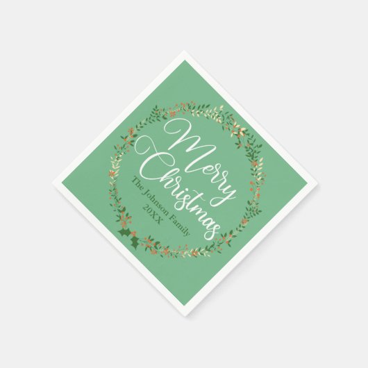 メリークリスマスかわいらしグリーンリースカスタムパーティー スタンダードカクテルナプキン (角)