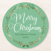 メリークリスマスかわいらしグリーンリースカスタムパーティー ラウンドペーパーコースター (正面)