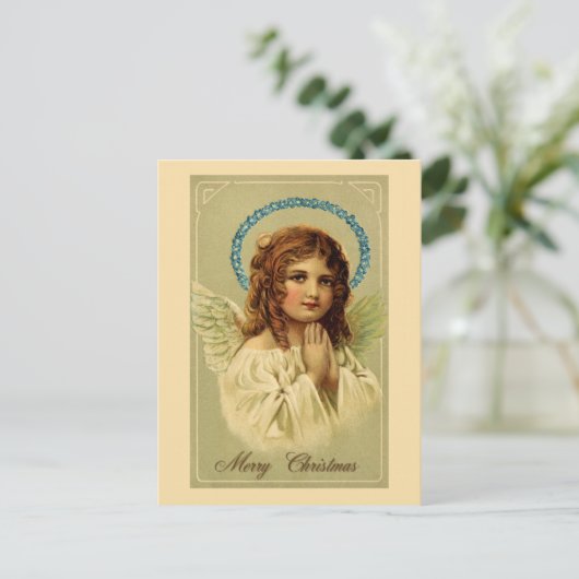 メリークリスマスかわいらしヴィンテージ天使 ポストカード (スタンド正面)