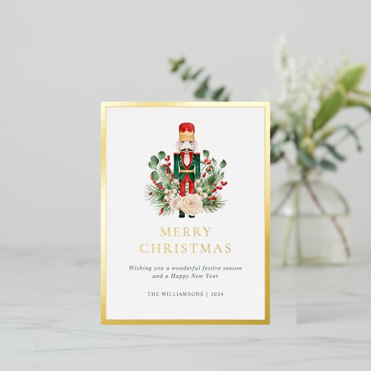 メリークリスマスくるみ割りエレガントの緑 箔シーズンポストカード (立ち正面)