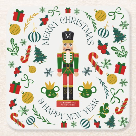 メリークリスマスくるみ割りカスタムモノグラム スクエアペーパーコースター (正面)