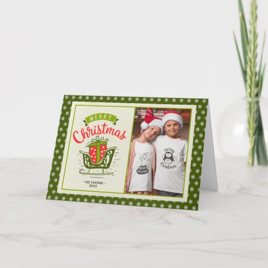 メリークリスマスそりのギフト2枚の写真カスタム文字 シーズンカード (正面)