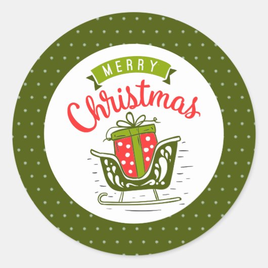 メリークリスマスそり赤い緑の雪の結晶パターン ラウンドシール (正面)