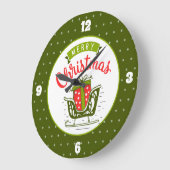 メリークリスマスそり赤い緑の雪の結晶パターン ラージ壁時計 (傾斜)