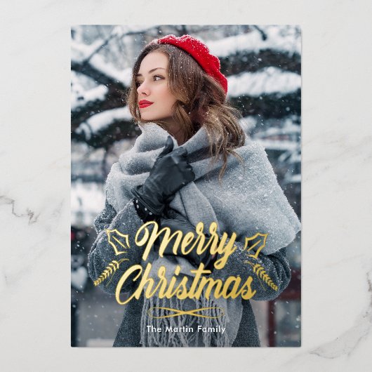 メリークリスマスとアイボリー植物性プリント写真 箔招待状 (正面)