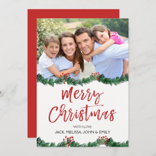 メリークリスマスとガーランドのスクリプトフォトカード シーズンカード (正面/裏面)