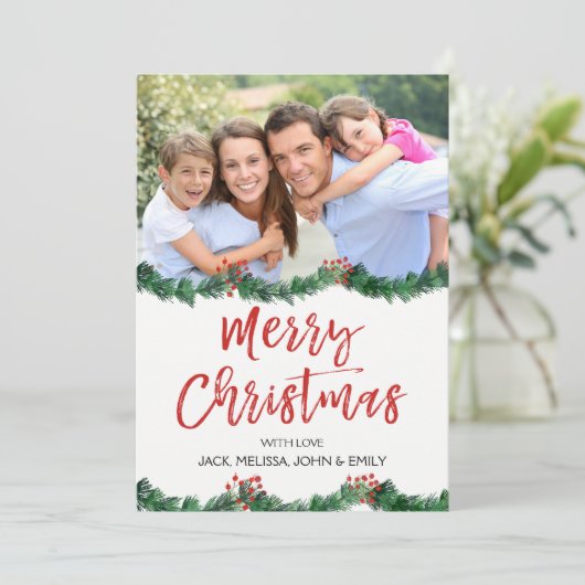 メリークリスマスとガーランドのスクリプトフォトカード シーズンカード (スタンド正面)