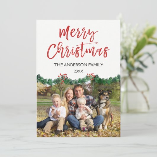 メリークリスマスとガーランドのスクリプトフォトカード シーズンカード (スタンド正面)