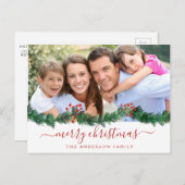 メリークリスマスとガーランドのスクリプトフォトカード シーズンポストカード (正面/裏面)