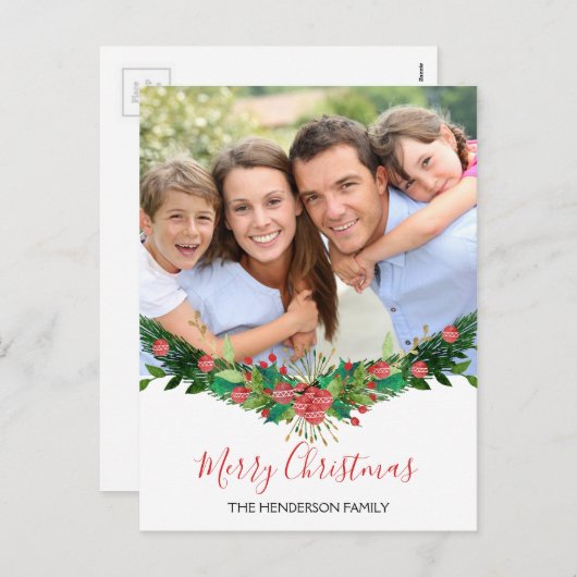 メリークリスマスとガーランドのスクリプトフォトカード シーズンポストカード (正面/裏面)