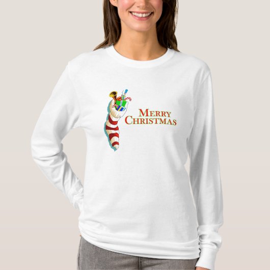 メリークリスマスとストッキングLSウィメンズティー Tシャツ (正面)