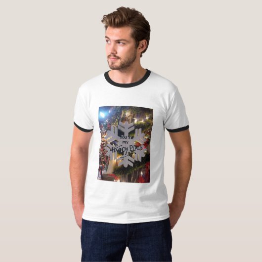 メリークリスマスとハッピーな新年のスノーフレーク・アート Tシャツ (正面フル)