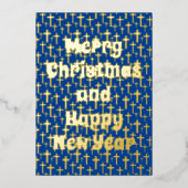 メリークリスマスとハッピーニアイヤーのクロスネイビーブルー 箔シーズンカード (正面)