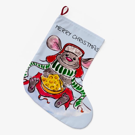 メリークリスマスとハッピーニューイヤーのチーズマウス ラージクリスマスストッキング (正面 (吊り時))