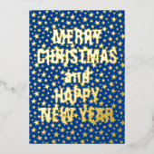 メリークリスマスとハッピーニューイヤーのネイビーブルー 箔シーズンカード (正面)
