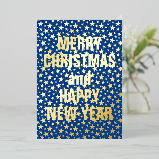 メリークリスマスとハッピーニューイヤーのネイビーブルー 箔シーズンカード (立ち正面)