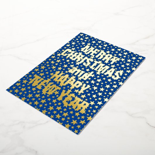 メリークリスマスとハッピーニューイヤーのネイビーブルー 箔シーズンカード (回転した状態)