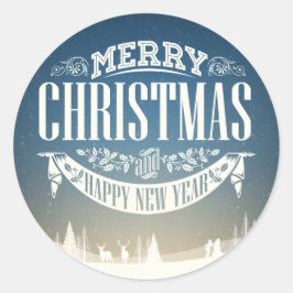 メリークリスマスとハッピーニューイヤーの雪景色 ラウンドシール