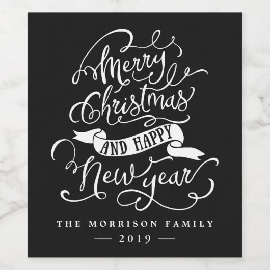 メリークリスマスとハッピーニューイヤータイポグラフィ ワインラベル (シングルラベル)