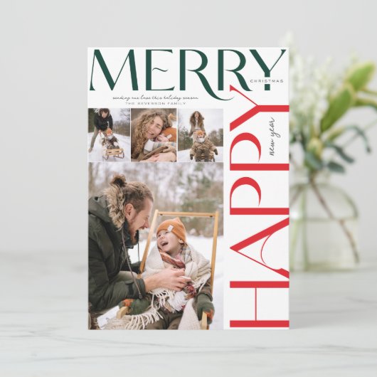 メリークリスマスとハッピーニューイヤーモダン、4枚の写真 シーズンカード (スタンド正面)