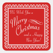 メリークリスマスとハッピーニューイヤー赤いステッカー スクエアシール (正面)