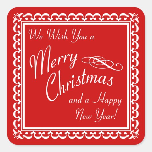 メリークリスマスとハッピーニューイヤー赤いステッカー スクエアシール (正面)