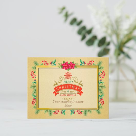 メリークリスマスとハッピーニューイヤー金ゴールド枠 ポストカード (スタンド正面)