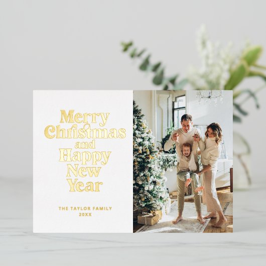 メリークリスマスとハッピーニューイヤー金ゴールド 箔シーズンカード (立ち正面)