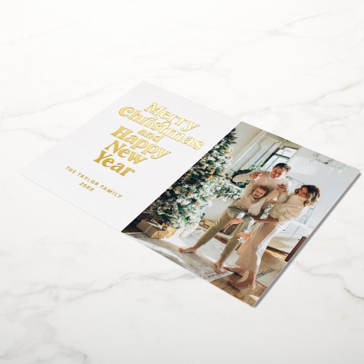 メリークリスマスとハッピーニューイヤー金ゴールド 箔シーズンカード (回転した状態)