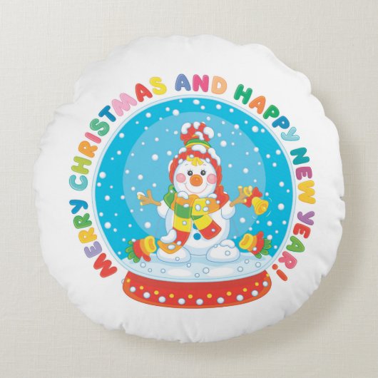 メリークリスマスとハッピーニューイヤー雪だるま ラウンドクッション (正面)