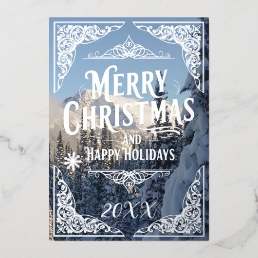 メリークリスマスとハッピーホリデーズイヤー雪 箔シーズンカード (正面)