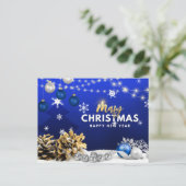 メリークリスマスとハッピー新年ブルーオーナメント シーズンポストカード (スタンド正面)