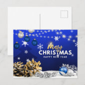 メリークリスマスとハッピー新年ブルーオーナメント シーズンポストカード (正面/裏面)