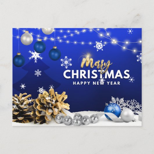 メリークリスマスとハッピー新年ブルーオーナメント シーズンポストカード (正面)