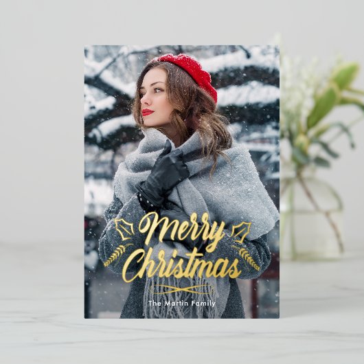 メリークリスマスとボタニカルフォトホリデー 箔招待状 (立ち正面)